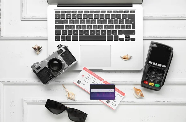 Composition Credit Card Payment Terminal Ticket Modern Laptop Light Background — Stock Photo, Image