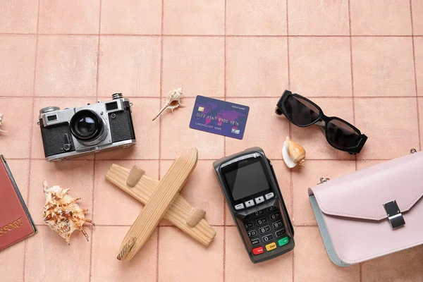 Composition Payment Terminal Credit Card Female Accessories Photo Camera Color — Stock Photo, Image
