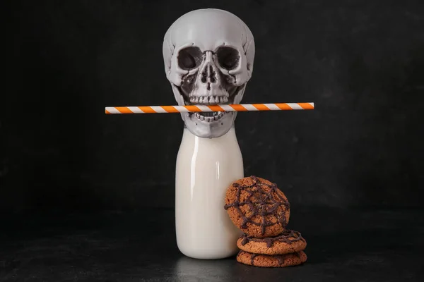 Bottle Milk Skull Tasty Cookies Halloween Dark Background — Stock Photo, Image