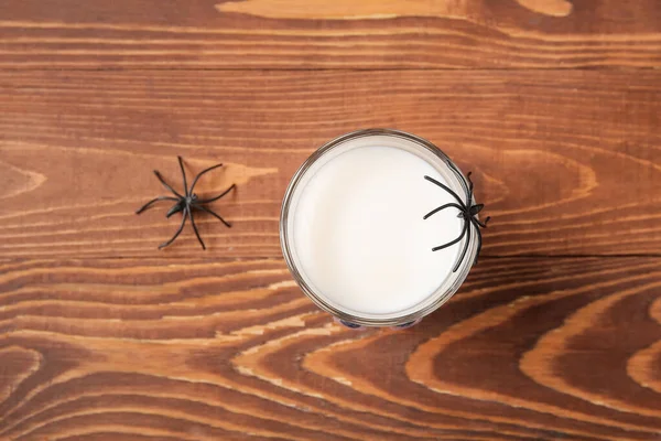 Glass Milk Spiders Halloween Wooden Background — Stock Photo, Image