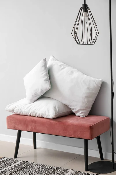 Bench White Pillows Standard Lamp White Wall — Stock Photo, Image