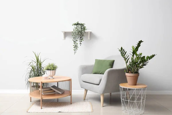 Interior Living Room Grey Armchair Coffee Table Houseplants — Stock Photo, Image