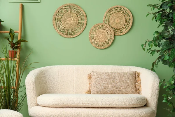 Cozy White Sofa Pillow Plants Green Wall — Stock Photo, Image