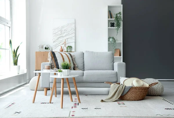 Interior Light Living Room Grey Sofa Coffee Table Wicker Basket — Stock Photo, Image