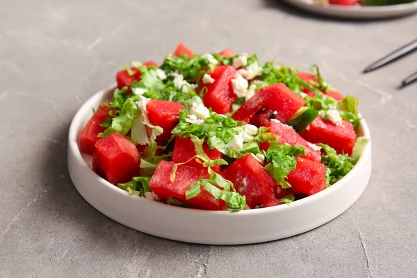 Plate Tasty Watermelon Salad Grey Background — Stock Photo, Image