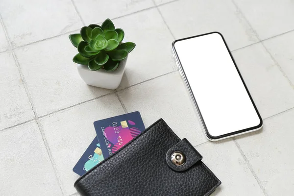 Leather Wallet Credit Cards Mobile Phone Houseplant White Tile Background — Stock Photo, Image