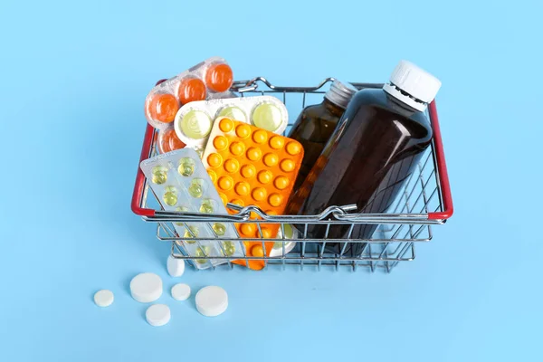 Mini Shopping Basket Different Medicines Blue Background — Stock Photo, Image