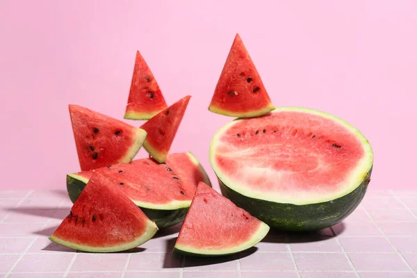 Pieces Fresh Watermelon Pink Tile Table — Stock Photo, Image