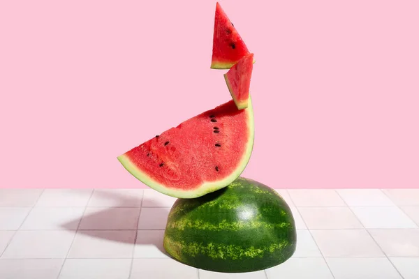 Pieces Fresh Watermelon White Tile Table — Stock Photo, Image