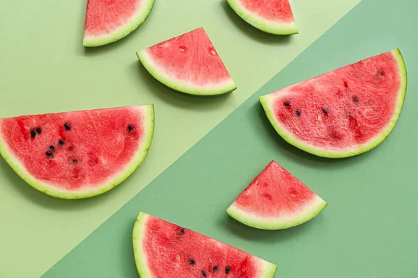 Pieces Fresh Watermelon Green Background — Stock Photo, Image