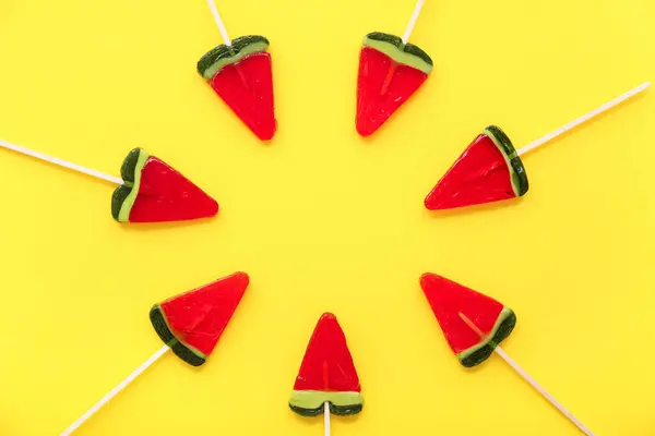 Frame Made Lollipops Shape Watermelon Slice Yellow Background — Stock Photo, Image