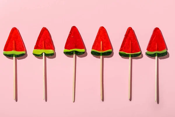 Lollipops Shape Watermelon Slice Pink Background — Stock Photo, Image