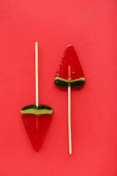 Lollipops Shape Watermelon Slice Red Background — Stock Photo, Image