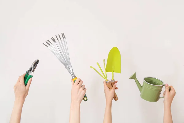 Women Different Gardening Tools Light Background — Stock Photo, Image