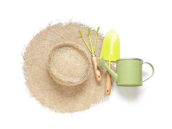 Straw Hat Different Gardening Tools White Background — Stock Photo, Image