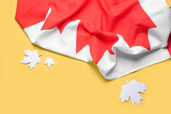 Flag Canada Paper Maple Leaves Yellow Background — Stock Photo, Image