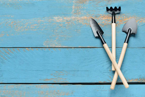 Gardening Rake Shovels Blue Wooden Background — Stock Photo, Image