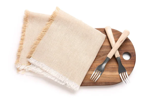 Clean Napkin Cutlery Wooden Board White Background — Stock Photo, Image
