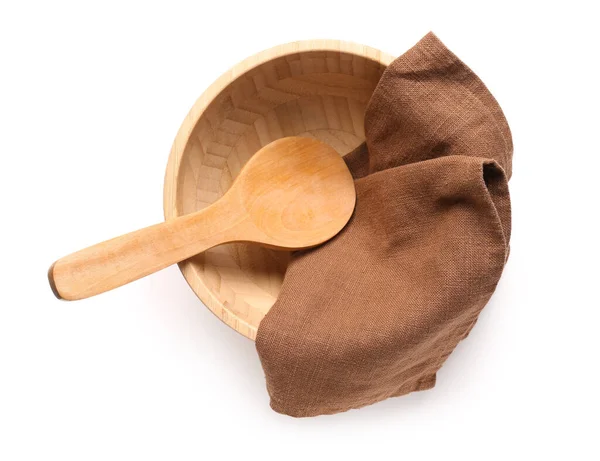 Wooden Bowl Spoon Napkin White Background — Stock Photo, Image