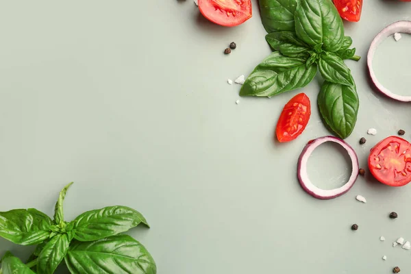 Fresh Basil Cherry Tomatoes Peppercorn Green Background — Stock Photo, Image