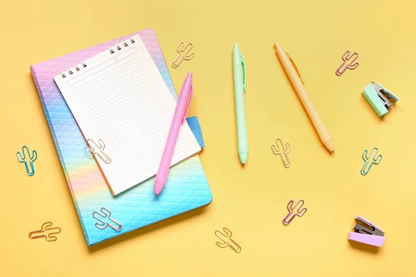 Different School Stationery Blank Notebook Yellow Background — Stock Photo, Image