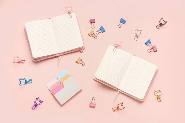 Blank Notebooks Binder Clips Pink Background — Stock Photo, Image
