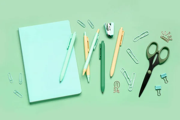 Notebook Different School Stationery Green Background — Stock Photo, Image