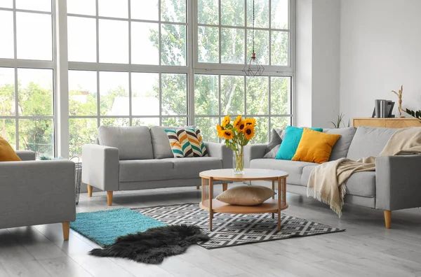 Cozy Grey Sofas Vase Beautiful Sunflowers Interior Light Living Room — Stock Photo, Image