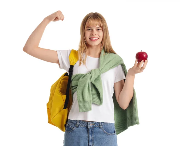 Kvinna Student Med Äpple Visar Muskler Vit Bakgrund Stockfoto