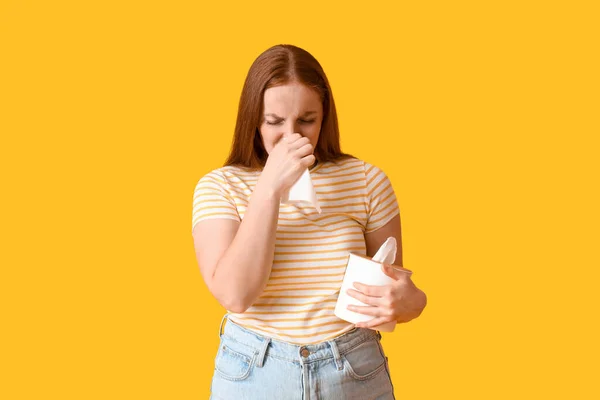 Allergic Young Woman Tissue Box Yellow Background — Stock Photo, Image