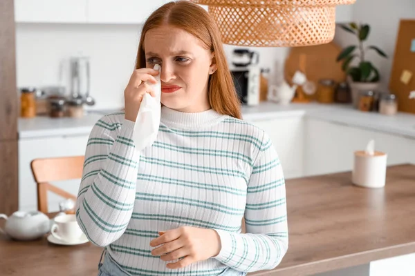 Allergic Young Woman Tissue Kitchen — Stock Photo, Image