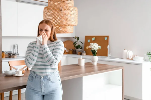 Allergic Young Woman Sneezing Tissue Kitchen — Stock Photo, Image