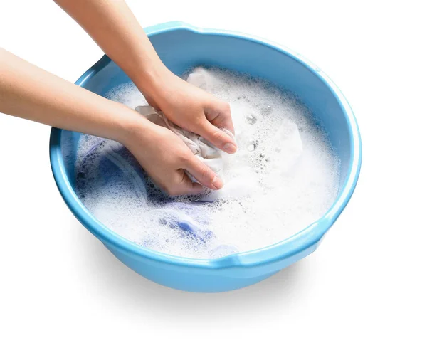 Kobieta Pranie Ubrań Plastikowej Umywalce Izolowane Białym Tle — Zdjęcie stockowe