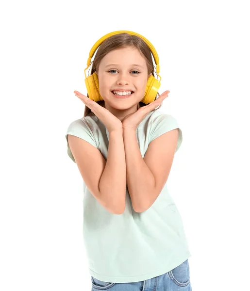 Κοριτσάκι Ακουστικά Λευκό Φόντο — Φωτογραφία Αρχείου