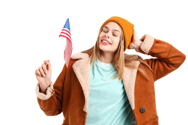 Teenage Girl Usa Flag White Background — Stock Photo, Image