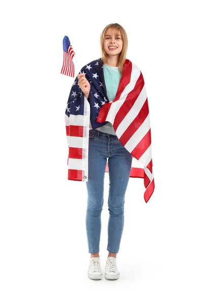Nastolatka Flagami Usa Białym Tle — Zdjęcie stockowe