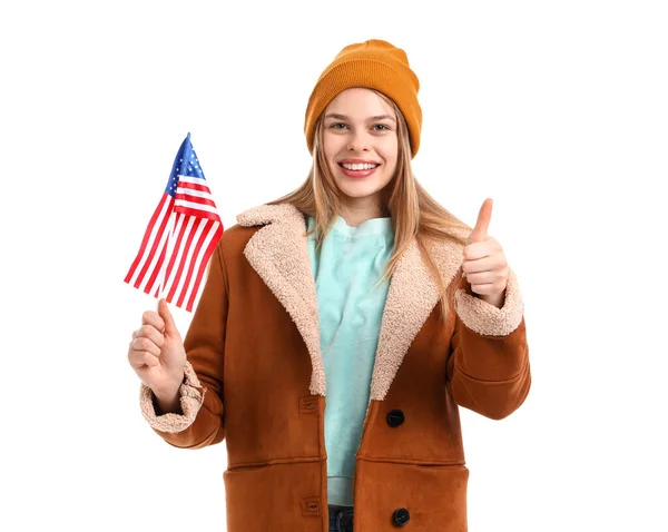 Tiener Meisje Met Usa Vlag Tonen Duim Witte Achtergrond — Stockfoto