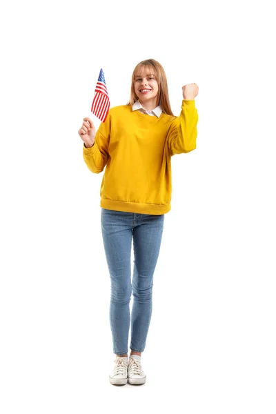 Happy Teenage Girl Usa Flag White Background — Stock Photo, Image