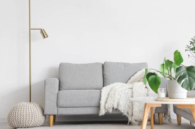 Işıl ışıl oturma odasının içinde rahat gri kanepe, sehpanın üzerinde çiçek ve puf.