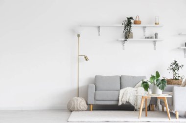 Işıl ışıl oturma odasının içinde rahat gri kanepe, sehpanın üzerinde çiçek ve puf.