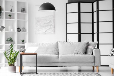 Işıl ışıl oturma odasının içinde rahat gri kanepe ve sehpanın üzerinde modern dizüstü bilgisayar.