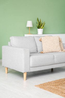 Oturma odasının içinde, yeşil duvarın yanında kanepe var.