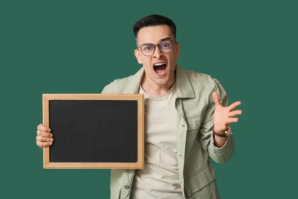 Angry Male Teacher Chalkboard Green Background — Stock Photo, Image