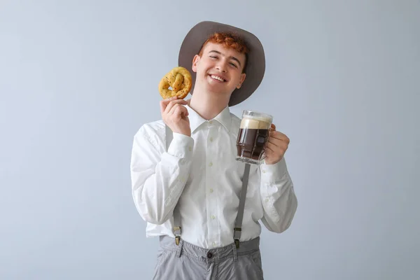 Young Man Traditional German Clothes Beer Pretzel Light Background — Stock Photo, Image
