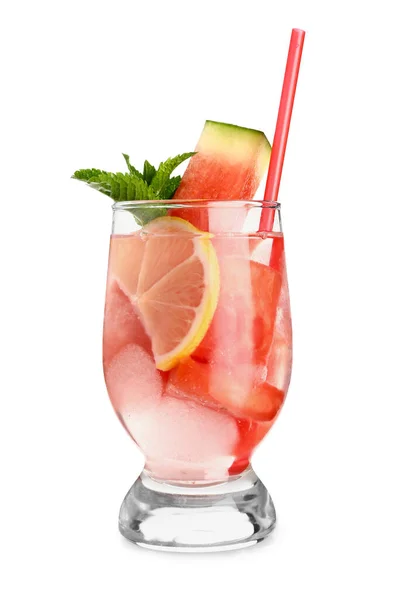 Glas Verse Watermeloen Limonade Munt Witte Achtergrond — Stockfoto