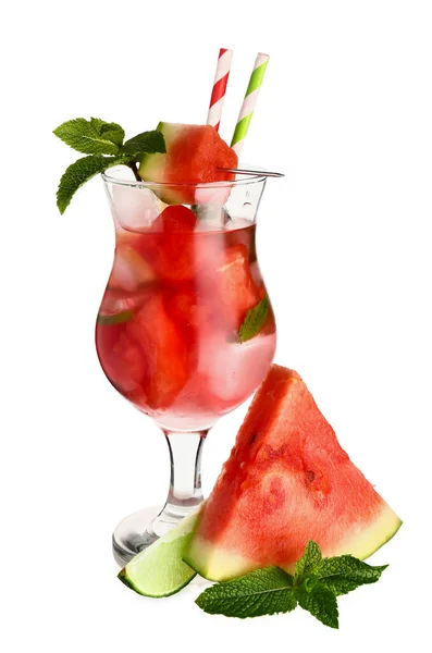Glas Verse Watermeloen Limonade Munt Witte Achtergrond — Stockfoto