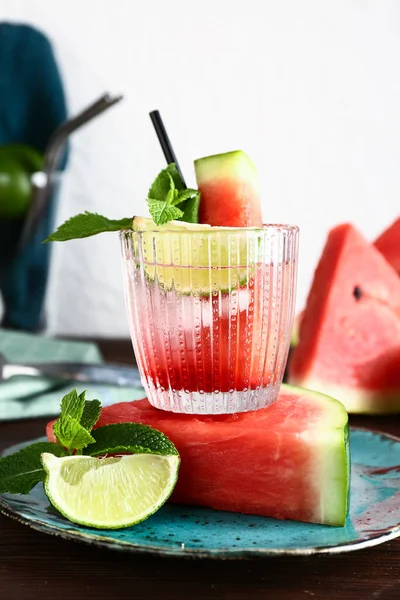 Glass Fresh Watermelon Lemonade Lime Mint Wooden Table — Stock Photo, Image