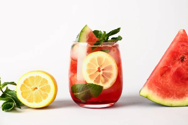 Glass Fresh Watermelon Lemonade Mint White Background — Stock Photo, Image