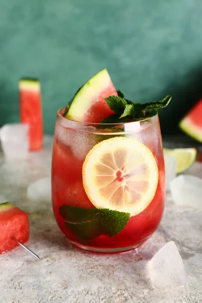 Glass Fresh Watermelon Lemonade Mint Grey Table — Stock Photo, Image