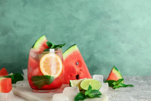 Board Glass Fresh Watermelon Lemonade Mint Grey Table — Stock Photo, Image